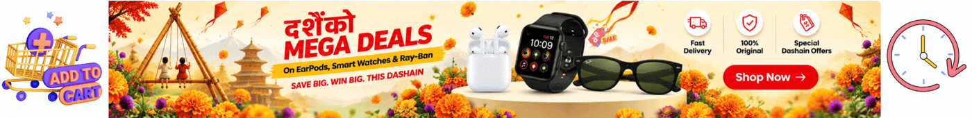 दशैंको MEGA DEALS - On EarPods, Smart Watches & Ray-Ban - Save Big. Win Big. This Dashain.